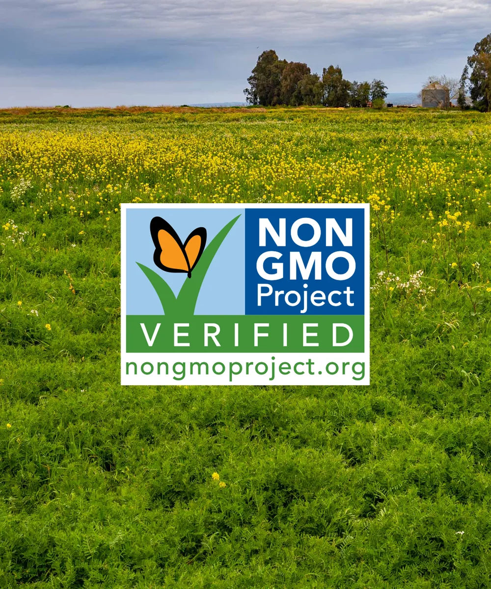 Non-GMO certification logo in front of a field