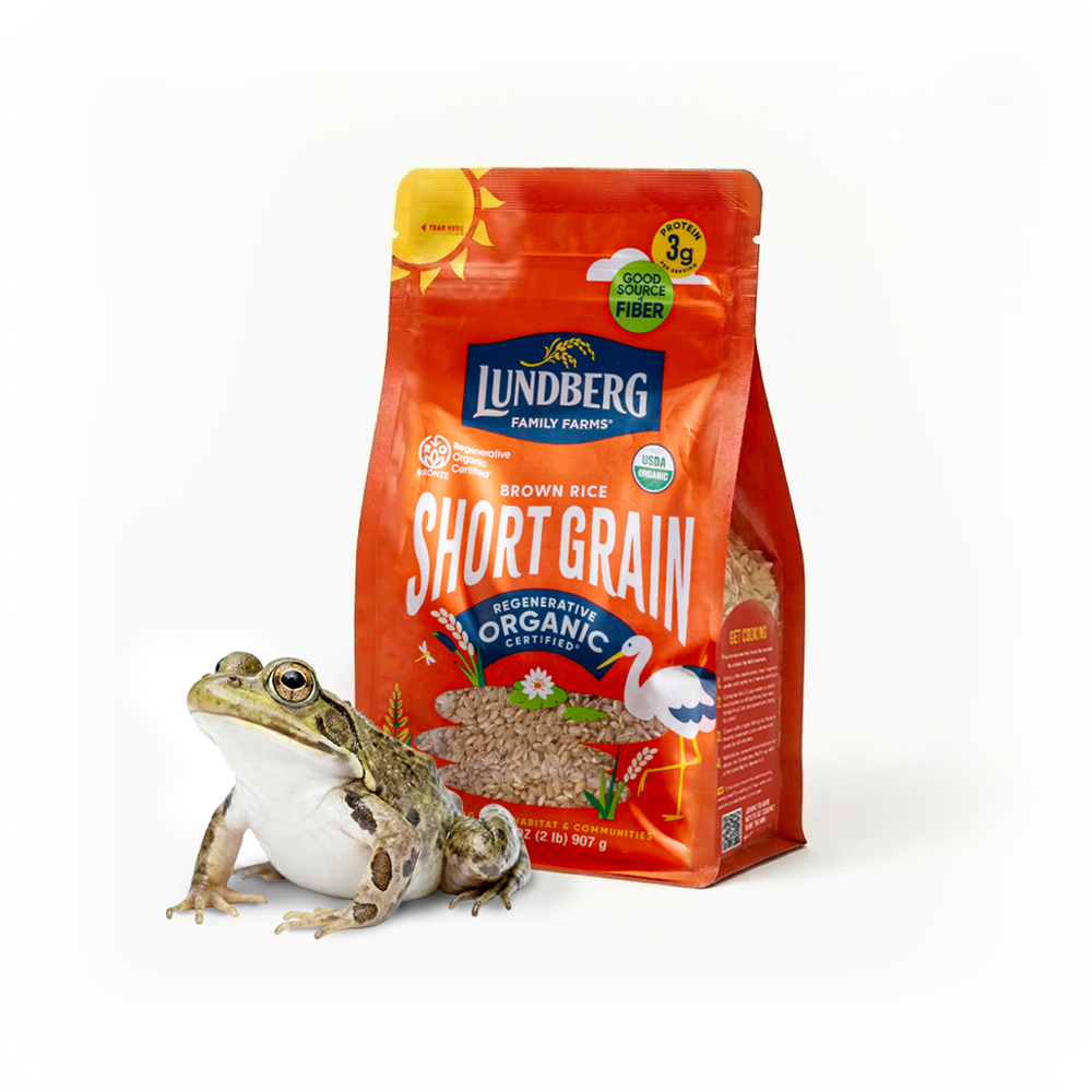 Regenerative Organic Certified rice with a frog